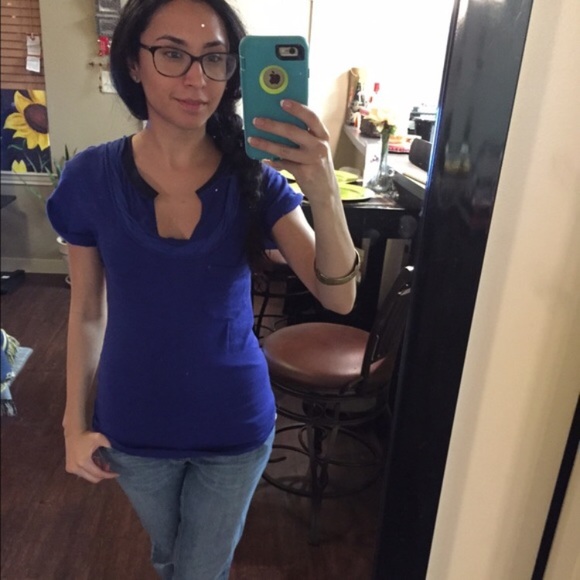 FREE PEOPLE Blue Keyhole Open Back Boho Short Sleeve Pocket Tee Shirt XS NEW Bow - Picture 3 of 9